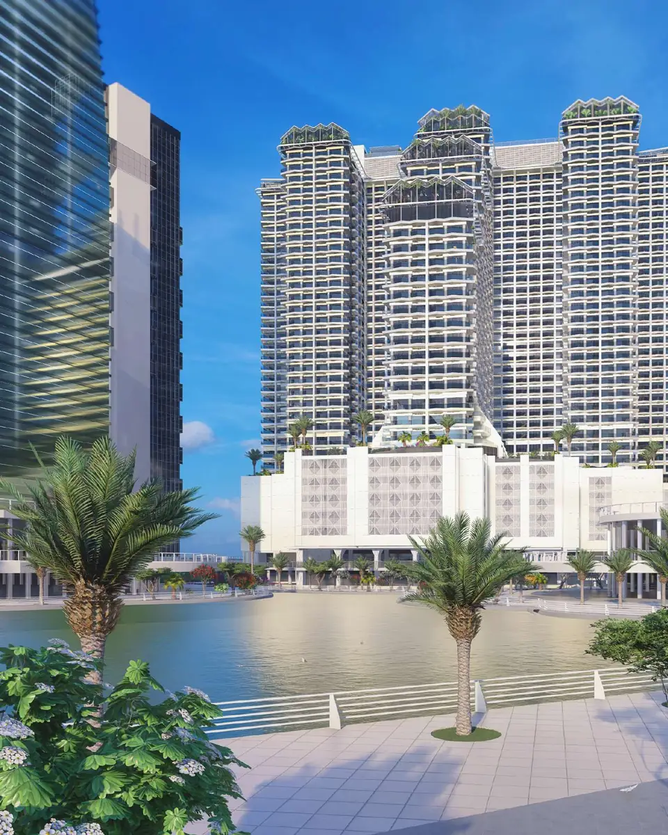 Render of the Golf Views Seven City tower above the JLT lake